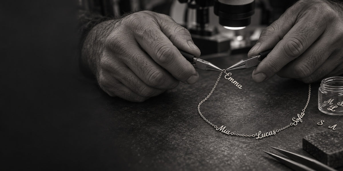 Black-and-white editorial illustration of a jeweler assembling a delicate personalized necklace